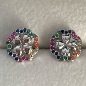 Rainbow Clover Sterling Silver CZ Stud Earrings